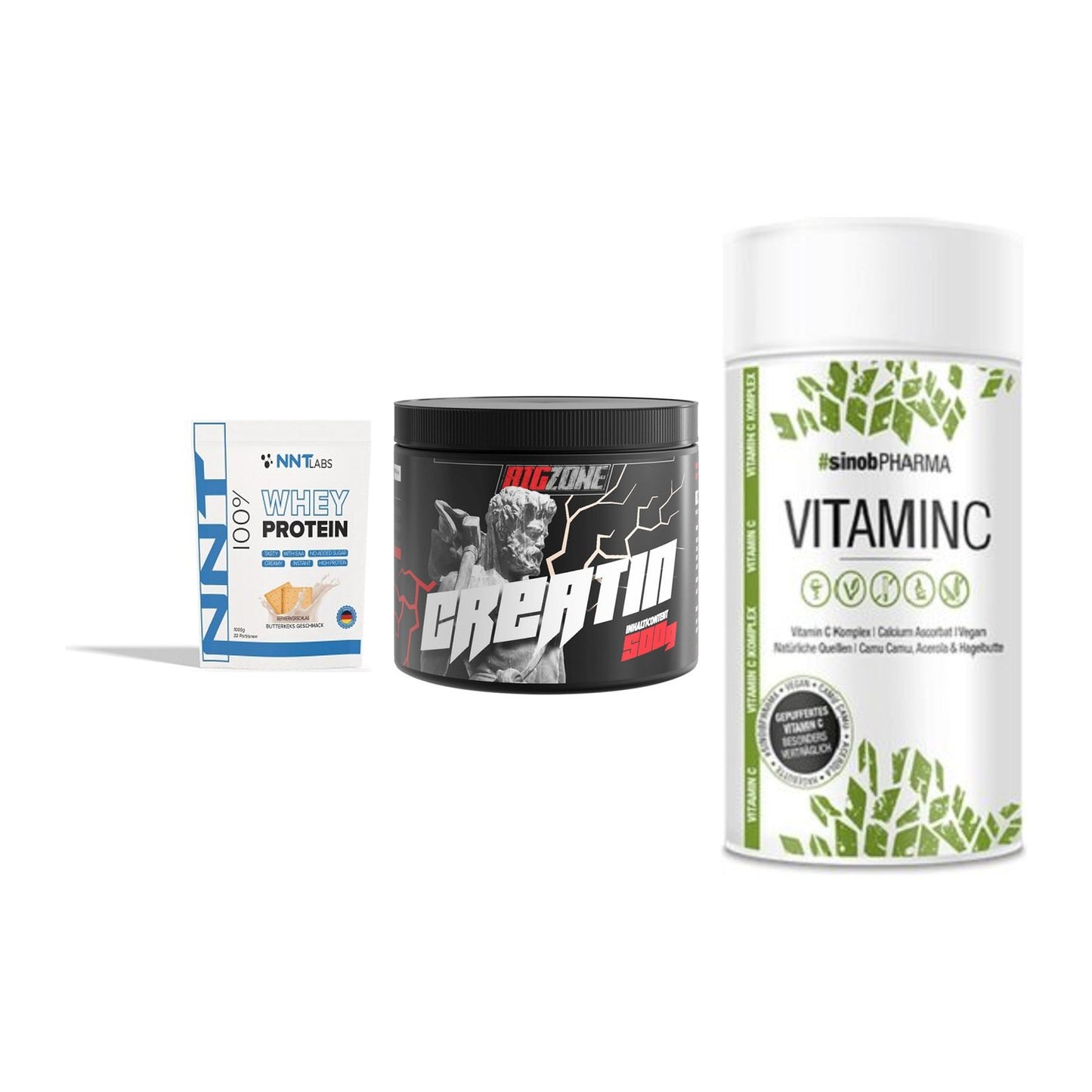 Einsteiger-Set: NNT Whey + Big Zone Creatin + Sinob Vitamin C – alle enthaltenen Artikel