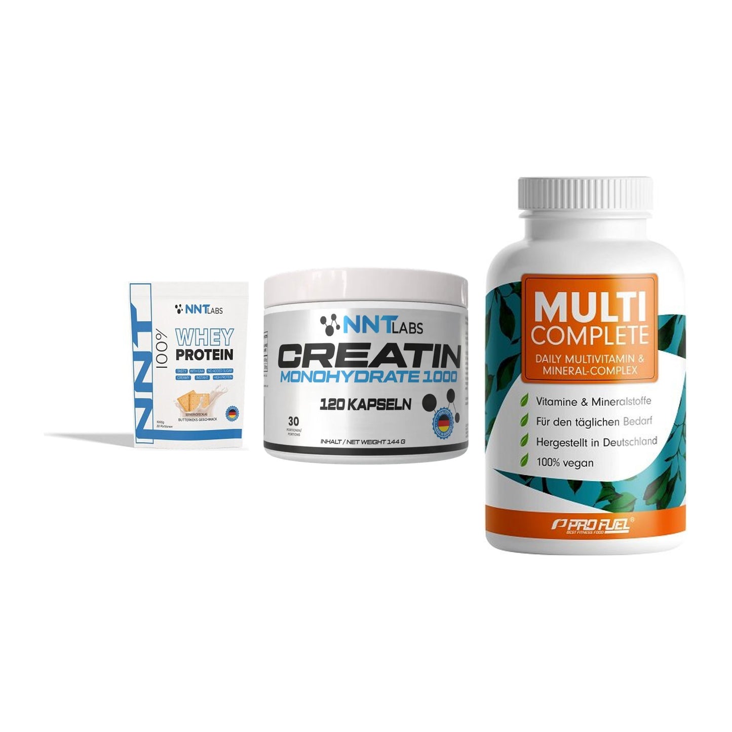 Einsteiger-Set: NNT Whey + NNT Creatin 1000 + ProFuel MULTI – alle enthaltenen Artikel