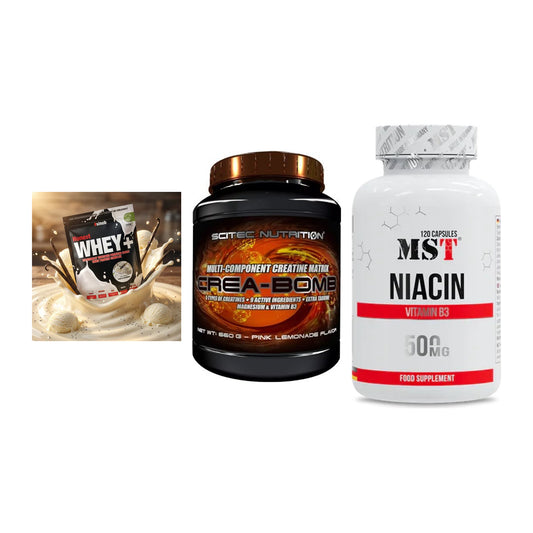Einsteiger-Set: Sinob Honest Whey+ + Scitec Crea-Bomb + MST Niacin – alle enthaltenen Artikel