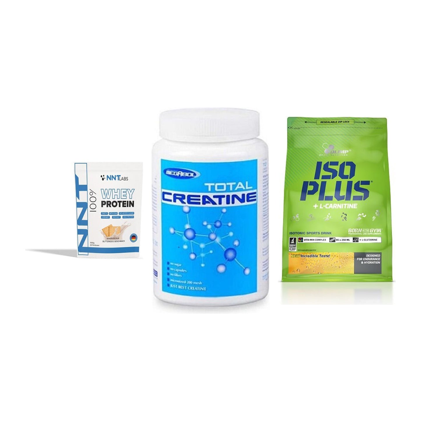 Einsteiger-Set: NNT Whey + Megabol Total Creatine + Olimp Iso Plus – alle enthaltenen Artikel