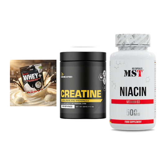 Einsteiger-Set: Sinob Honest Whey+ + Dedicated Creatine + MST Niacin – alle enthaltenen Artikel