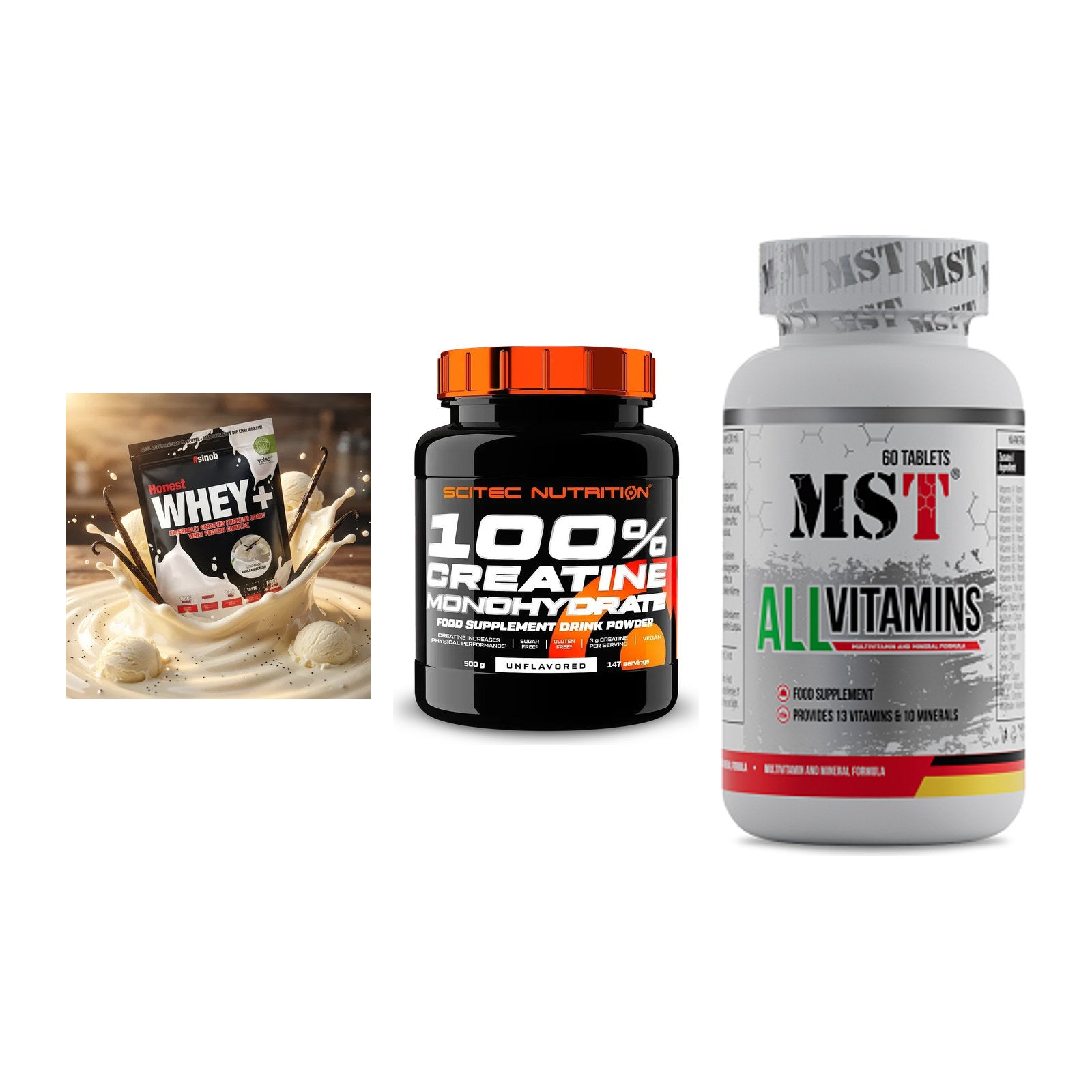 Einsteiger-Set: Sinob Honest + Scitec Creatine + MST All Vitamins – alle enthaltenen Artikel