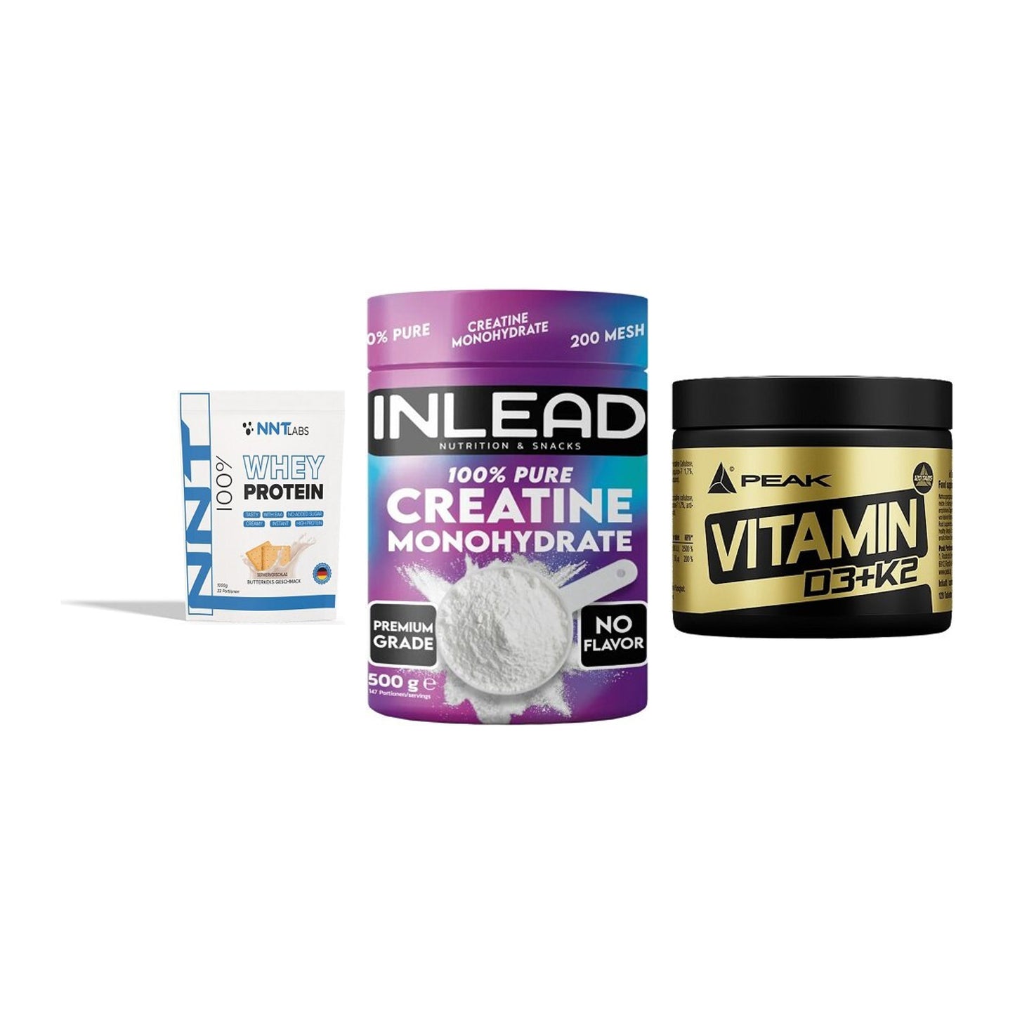 Einsteiger-Set: NNT Whey + INLEAD Creatine + Peak Vitamin – alle enthaltenen Artikel