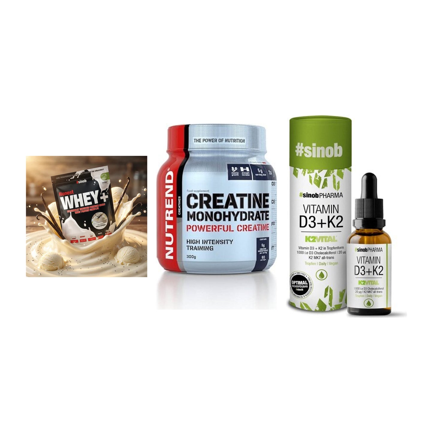Einsteiger-Set: Sinob Honest + Nutrend Creatine + Sinob Vitamin D3 – alle enthaltenen Artikel