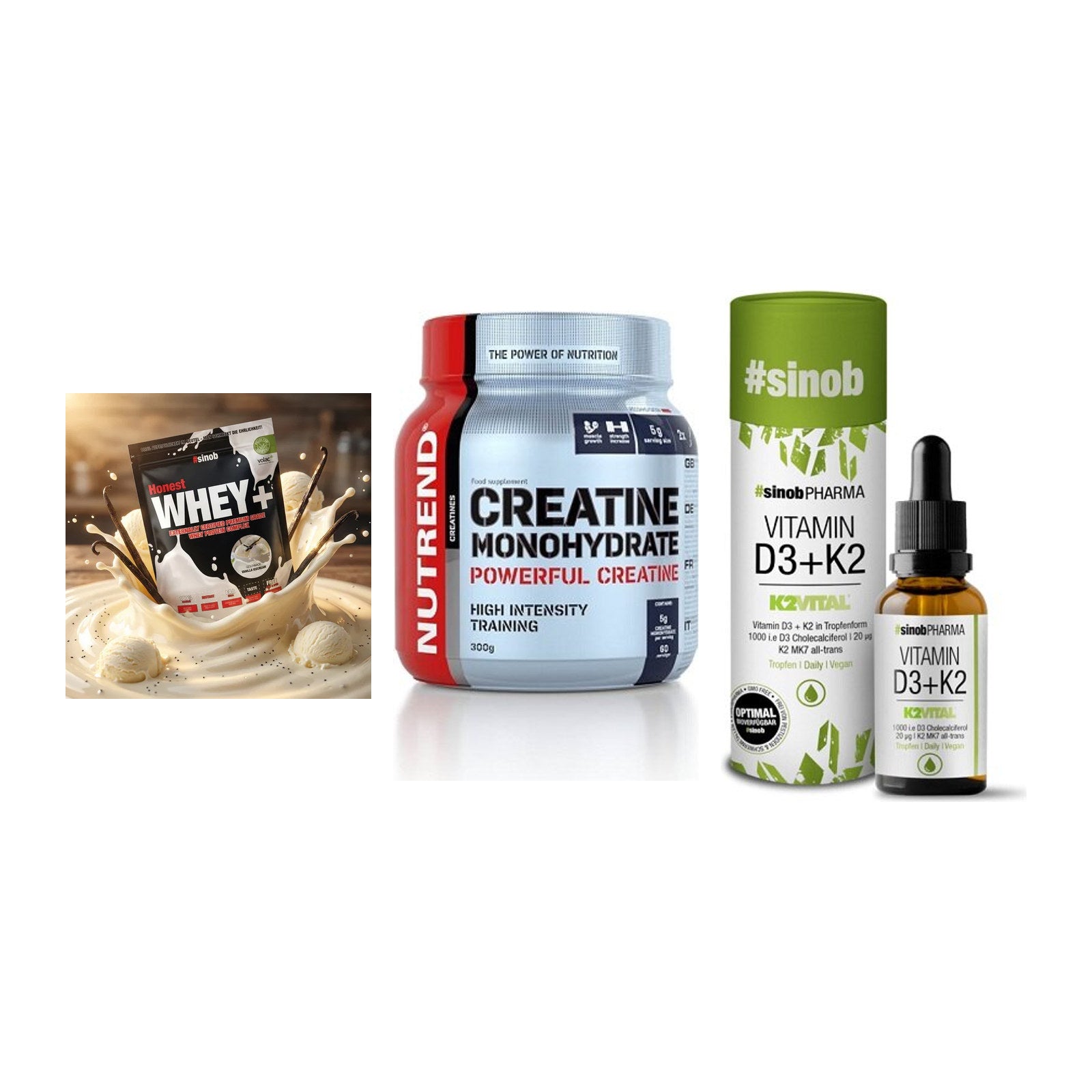 Einsteiger-Set: Sinob Honest + Nutrend Creatine + Sinob Vitamin D3 – alle enthaltenen Artikel