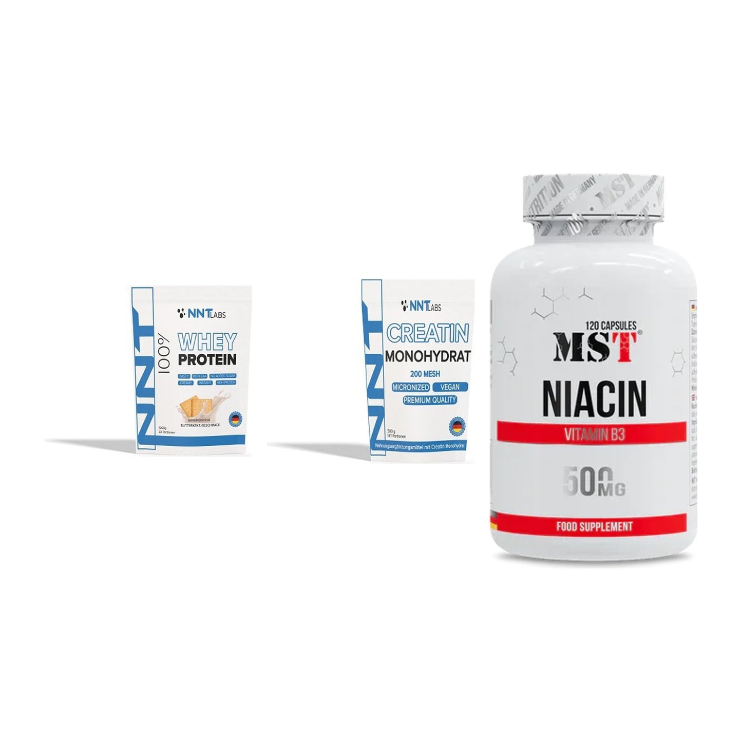 Einsteiger-Set: NNT Whey + NNT Creatin Monohydrat + MST Niacin – alle enthaltenen Artikel