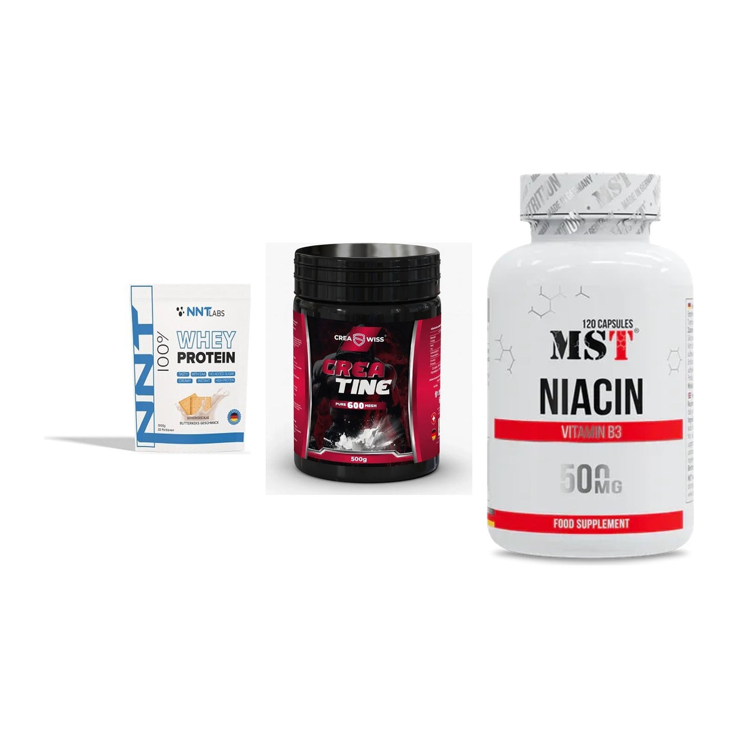 Einsteiger-Set: NNT Whey + CREASWISS Creatine 600 Mesh + MST Niacin – alle enthaltenen Artikel