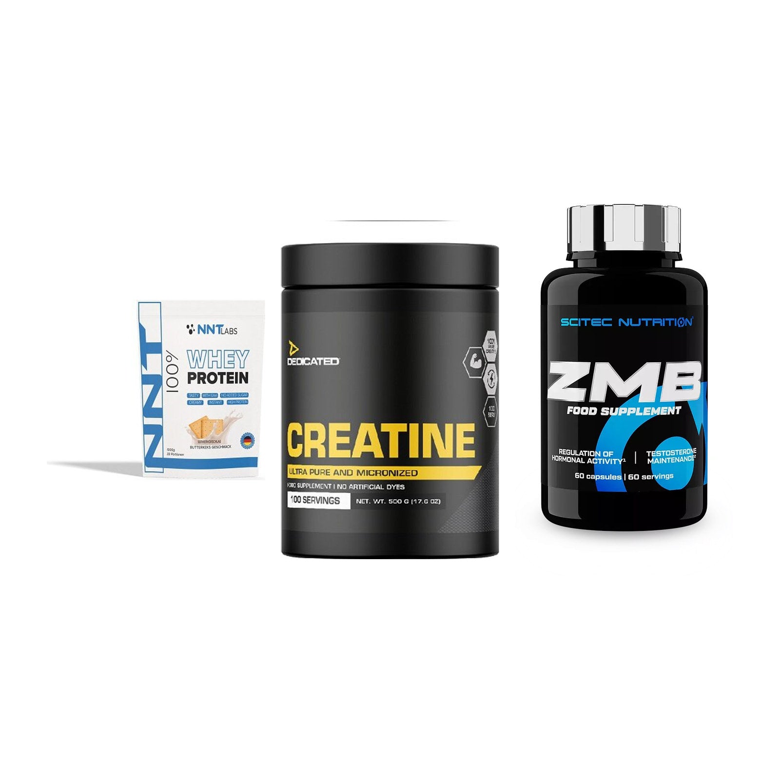 Einsteiger-Set: NNT Whey + Dedicated Creatine + Scitec ZMB – alle enthaltenen Artikel