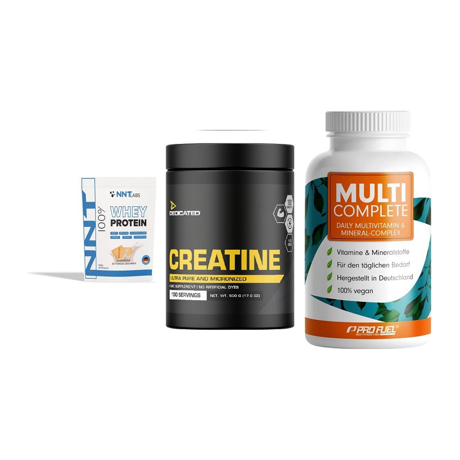 Einsteiger-Set: NNT Whey + Dedicated Creatine + ProFuel MULTI COMPLETE – alle enthaltenen Artikel