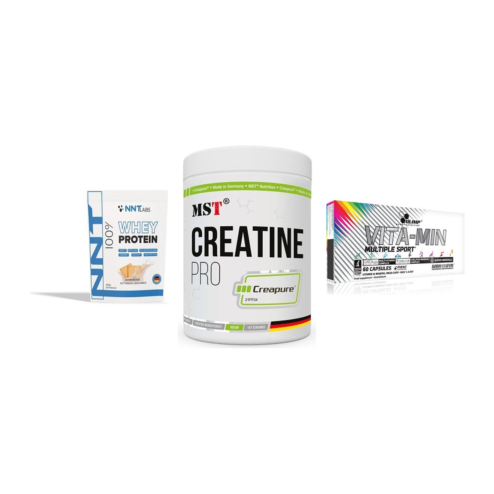 Einsteiger-Set: NNT Whey + MST Creatin Pro + Olimp Vita-Min – alle enthaltenen Artikel