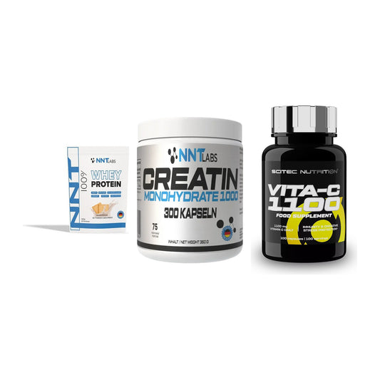 Einsteiger-Set: NNT Whey + NNT Creatin 1000 mg + Scitec Vitamin C 1100 – alle enthaltenen Artikel