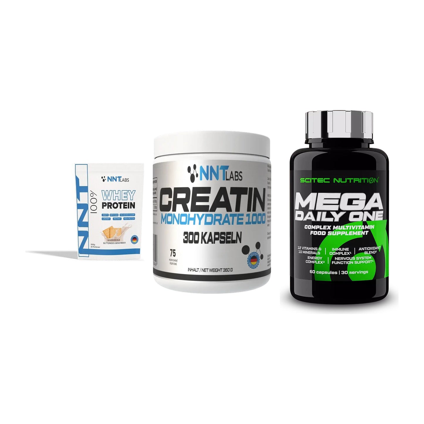 Einsteiger-Set: NNT Whey + NNT Creatin 1000 + Scitec Mega – alle enthaltenen Artikel