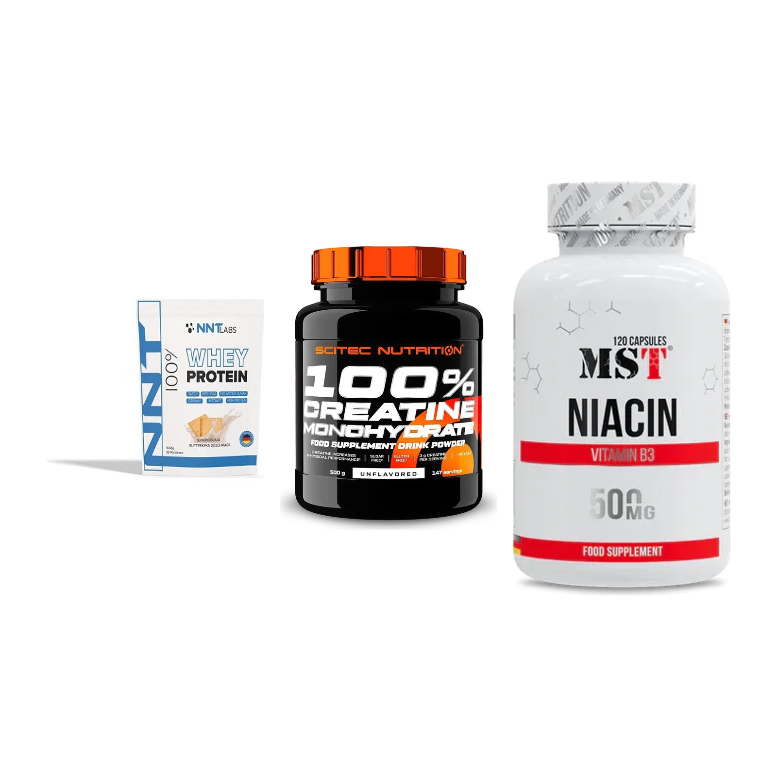 Einsteiger-Set: NNT Whey + Scitec Creatine Monohydrate + MST Niacin – alle enthaltenen Artikel