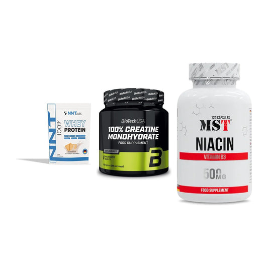 Einsteiger-Set: NNT Whey + BioTech Creatine Monohydrate + MST Niacin – alle enthaltenen Artikel