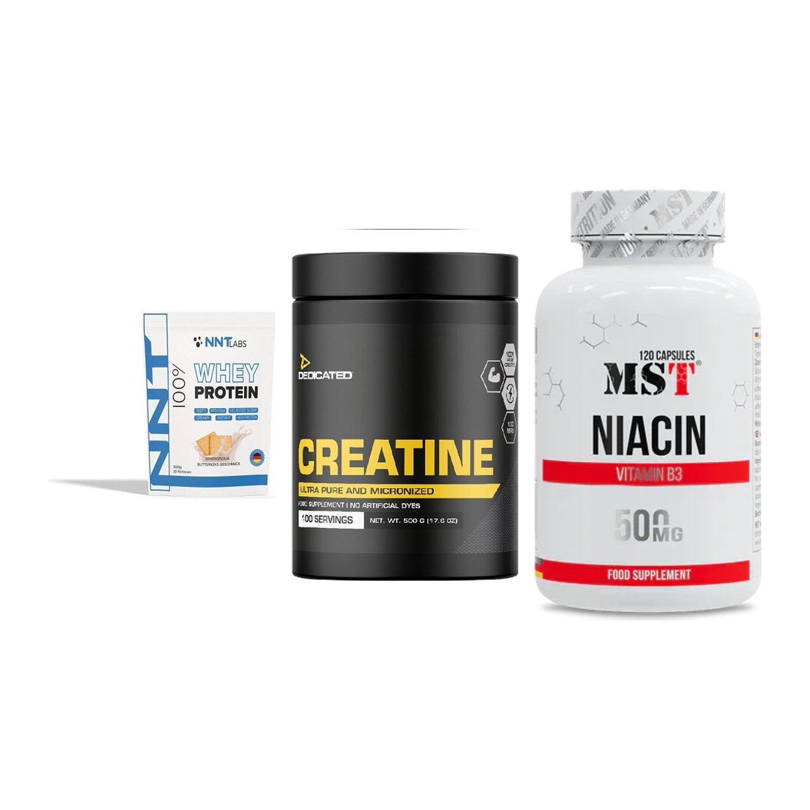 Einsteiger-Set: NNT Whey + Dedicated Creatine + MST Niacin – alle enthaltenen Artikel
