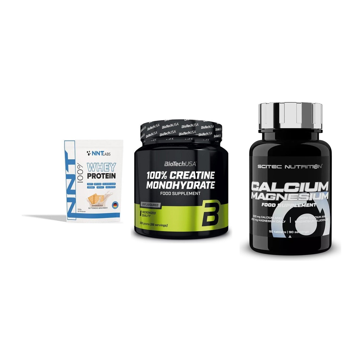 Einsteiger-Set: NNT Whey + BioTech Creatine + Scitec Calcium – alle enthaltenen Artikel