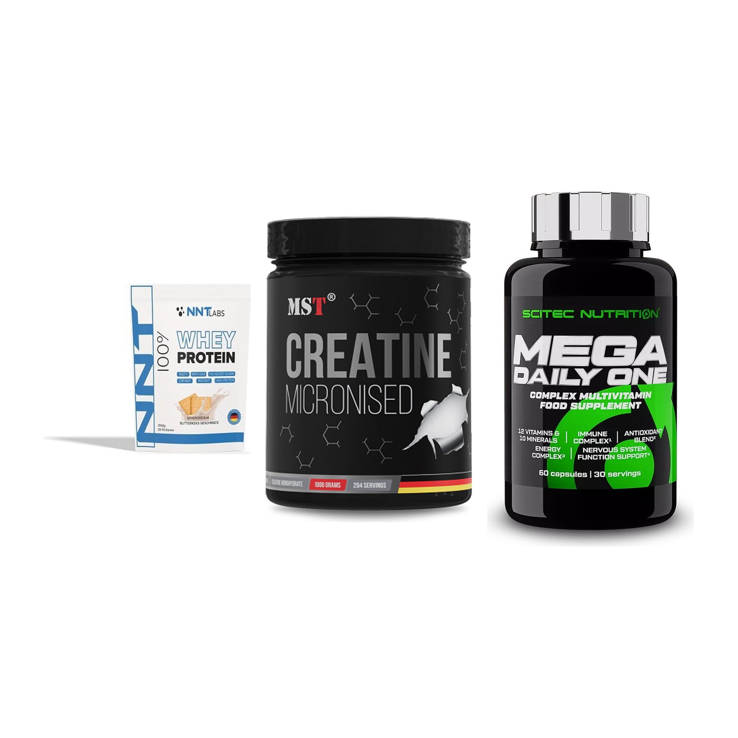 Einsteiger-Set: NNT Whey + MST Creatin + Scitec Mega – alle enthaltenen Artikel