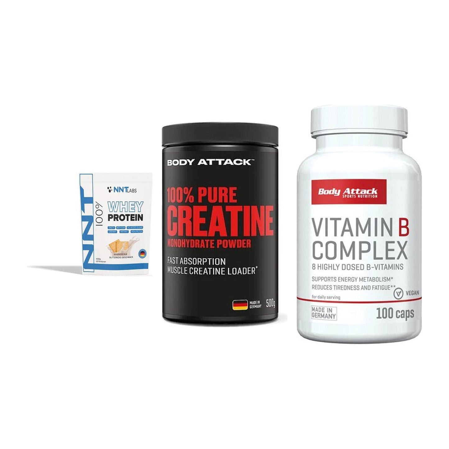 Einsteiger-Set: NNT Whey + Body Attack 100% + Body Attack – alle enthaltenen Artikel