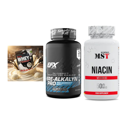 Einsteiger-Set: Sinob Honest Whey+ + EFX Kre-Alkalyn PRO + MST Niacin – alle enthaltenen Artikel