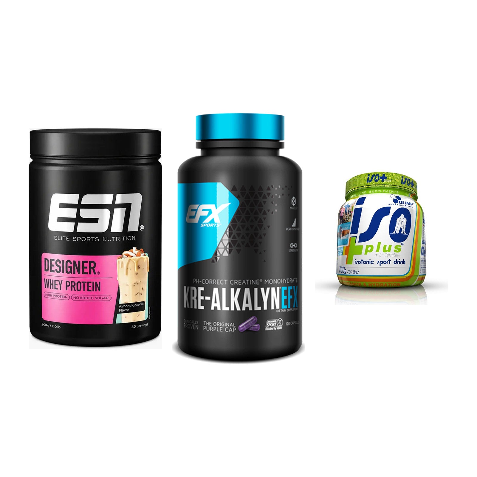Einsteiger-Set: ESN Designer Whey + EFX Kre-Alkalyn + Olimp Iso Plus – alle enthaltenen Artikel