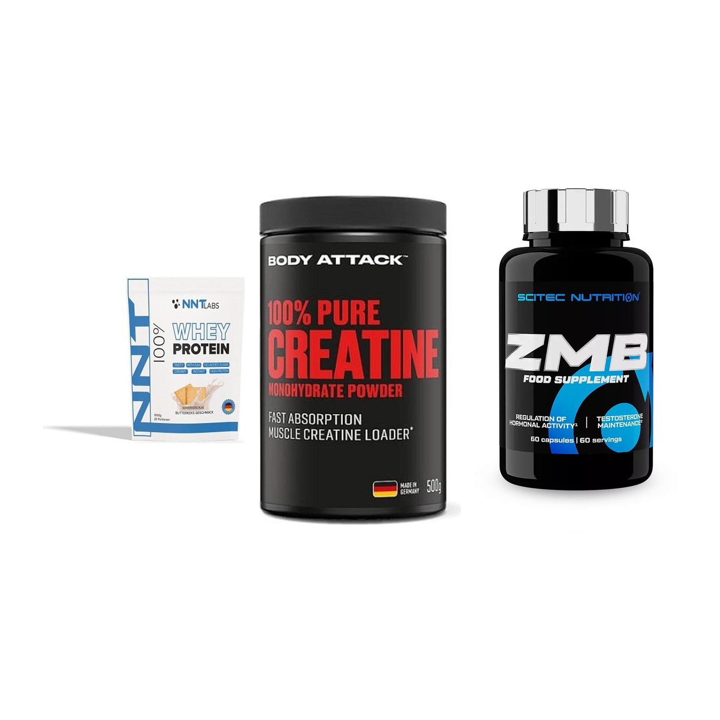 Einsteiger-Set: NNT Whey + Body Attack 100% Pure Creatine + Scitec ZMB – alle enthaltenen Artikel