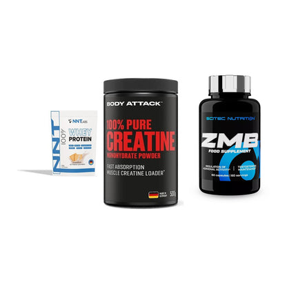 Einsteiger-Set: NNT Whey + Body Attack 100% Pure Creatine + Scitec ZMB – alle enthaltenen Artikel