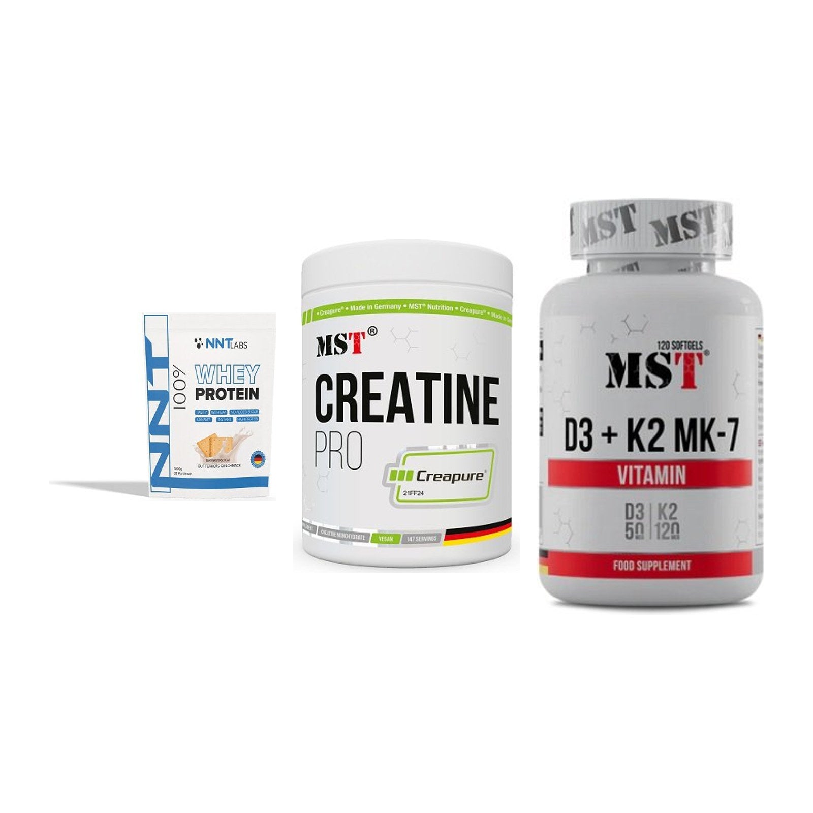 Einsteiger-Set: NNT Whey + MST Creatin Pro + MST Vitamin D3 – alle enthaltenen Artikel