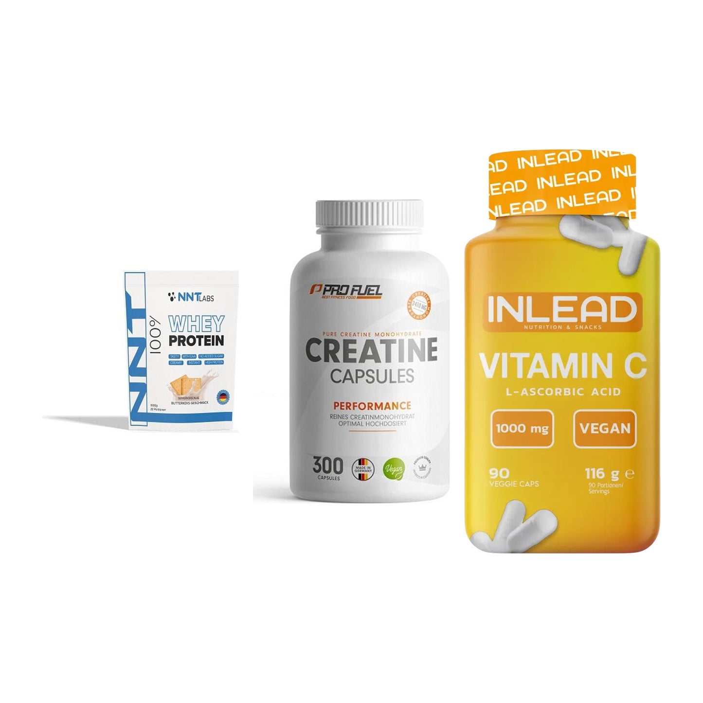 Einsteiger-Set: NNT Whey + ProFuel Creatine + INLEAD Vitamin C – alle enthaltenen Artikel