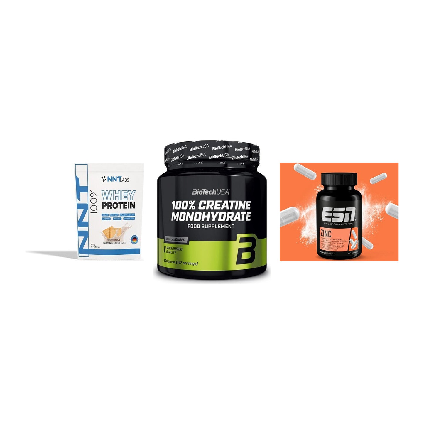 Einsteiger-Set: NNT Whey + BioTech Creatine Monohydrate + ESN Zinc – alle enthaltenen Artikel
