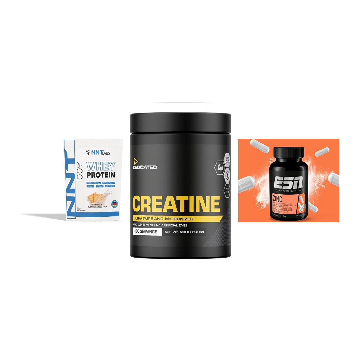 Einsteiger-Set: NNT Whey + Dedicated Creatine + ESN Zinc – alle enthaltenen Artikel