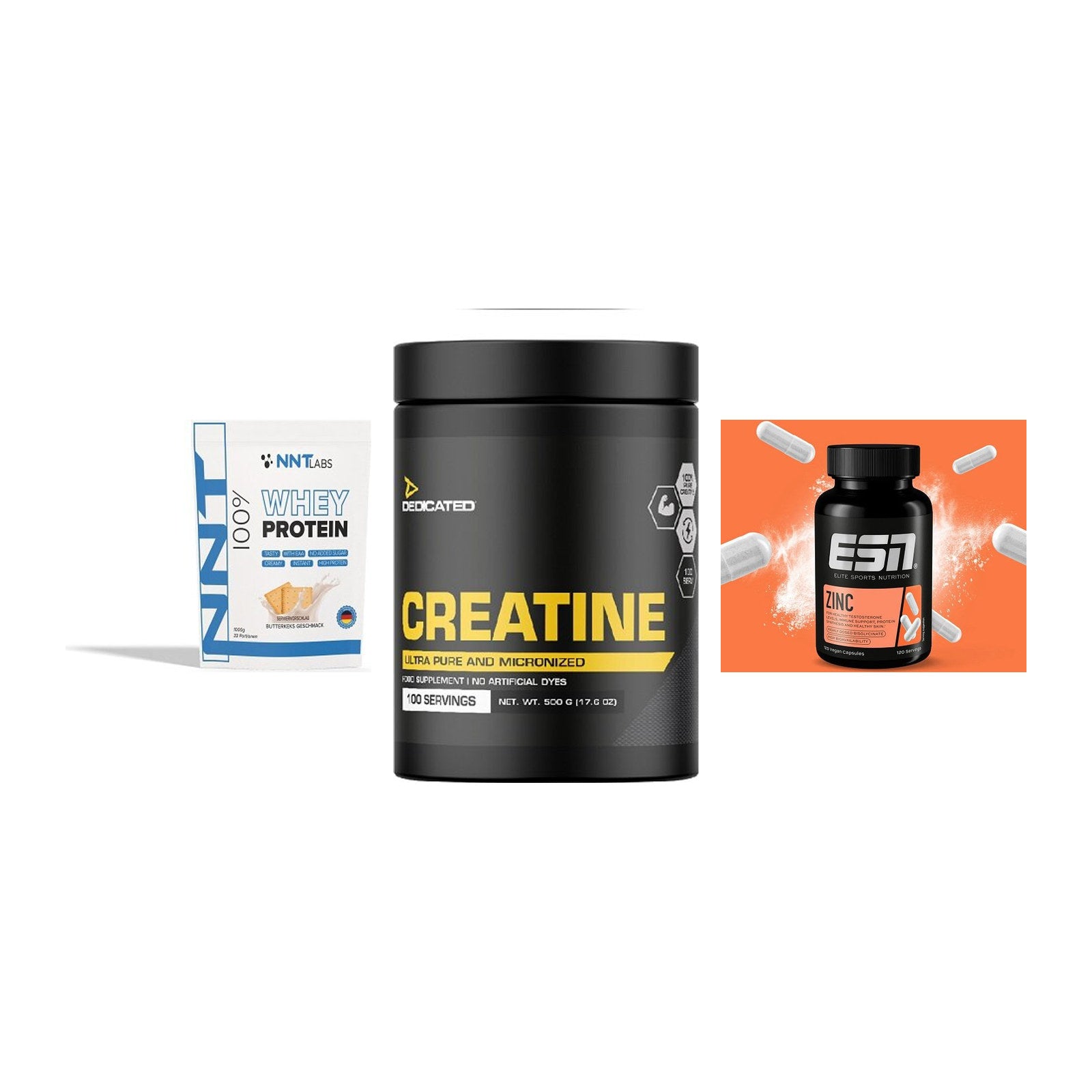 Einsteiger-Set: NNT Whey + Dedicated Creatine + ESN Zinc – alle enthaltenen Artikel
