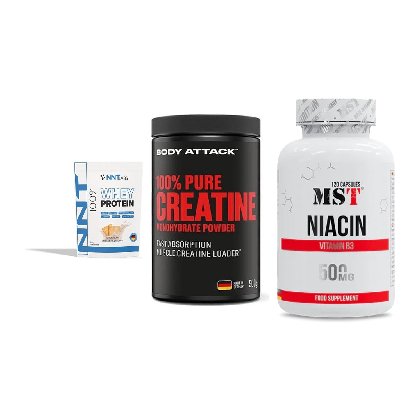 Einsteiger-Set: NNT Whey + Body Attack 100% Pure Creatine + MST Niacin – alle enthaltenen Artikel