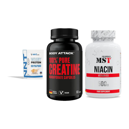 Einsteiger-Set: NNT Whey + Body Attack 100% Pure Creatine + MST Niacin – alle enthaltenen Artikel