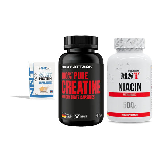 Einsteiger-Set: NNT Whey + Body Attack 100% Pure Creatine + MST Niacin – alle enthaltenen Artikel