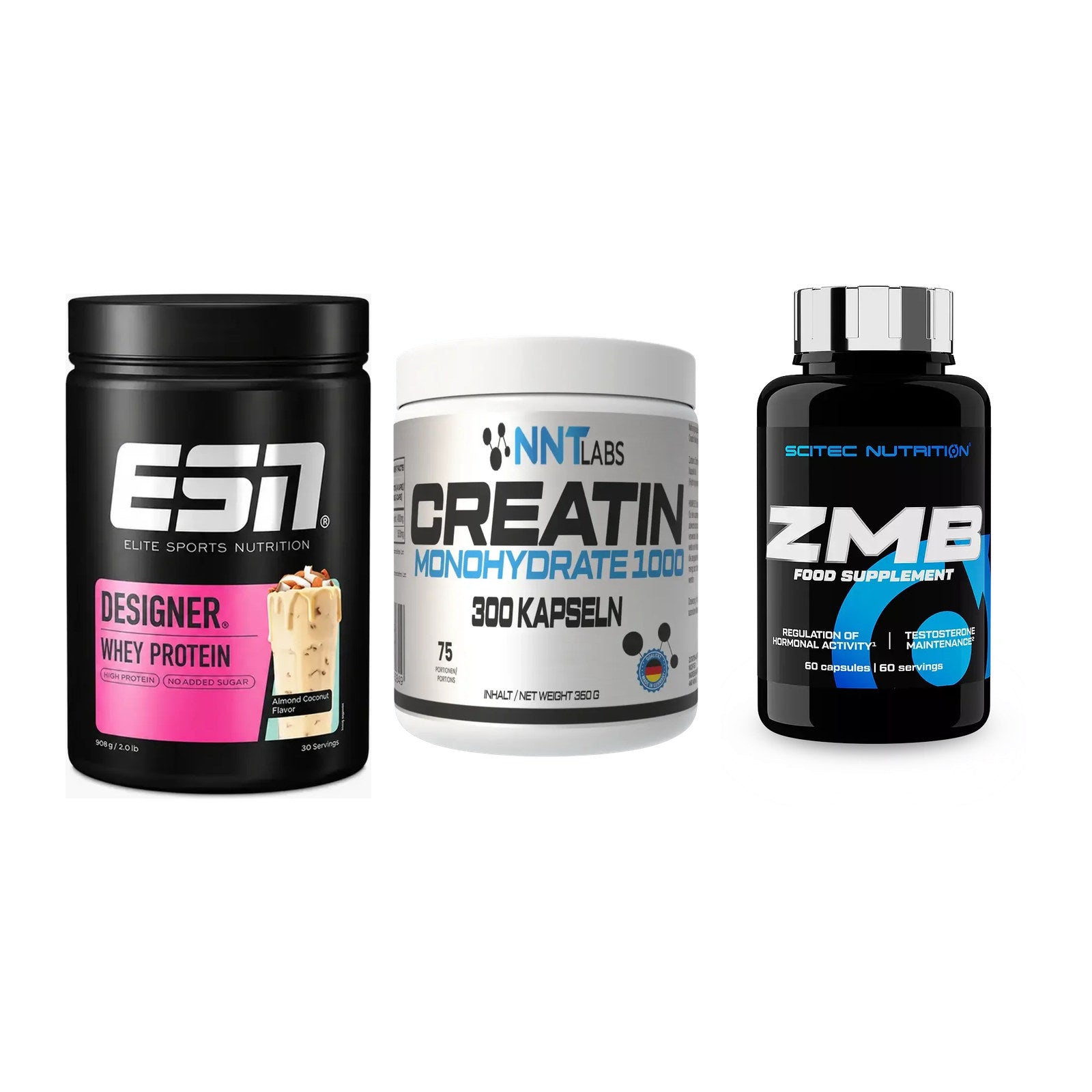 Einsteiger-Set: ESN Designer Whey + NNT Creatin 1000 mg + Scitec ZMB – alle enthaltenen Artikel