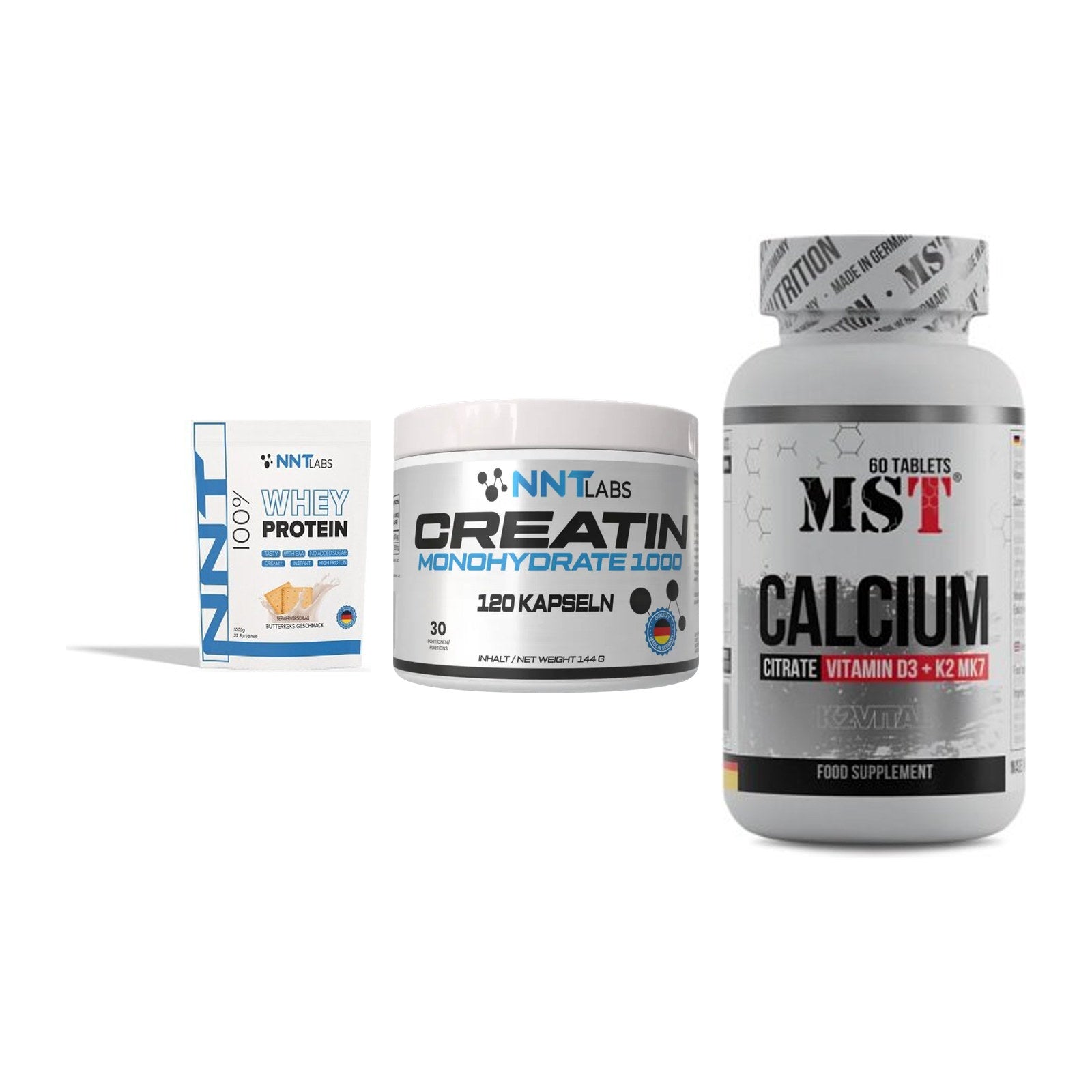 Einsteiger-Set: NNT Whey + NNT Creatin 1000 + MST Calcium – alle enthaltenen Artikel