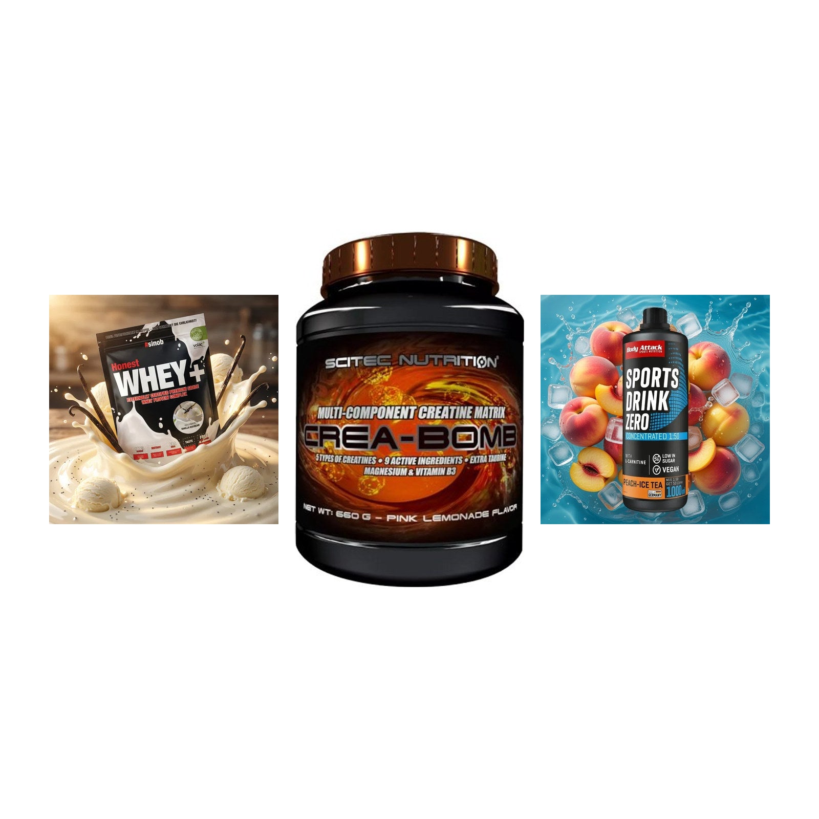 Einsteiger-Set: Sinob Honest + Scitec Crea-Bomb + Body Attack – alle enthaltenen Artikel