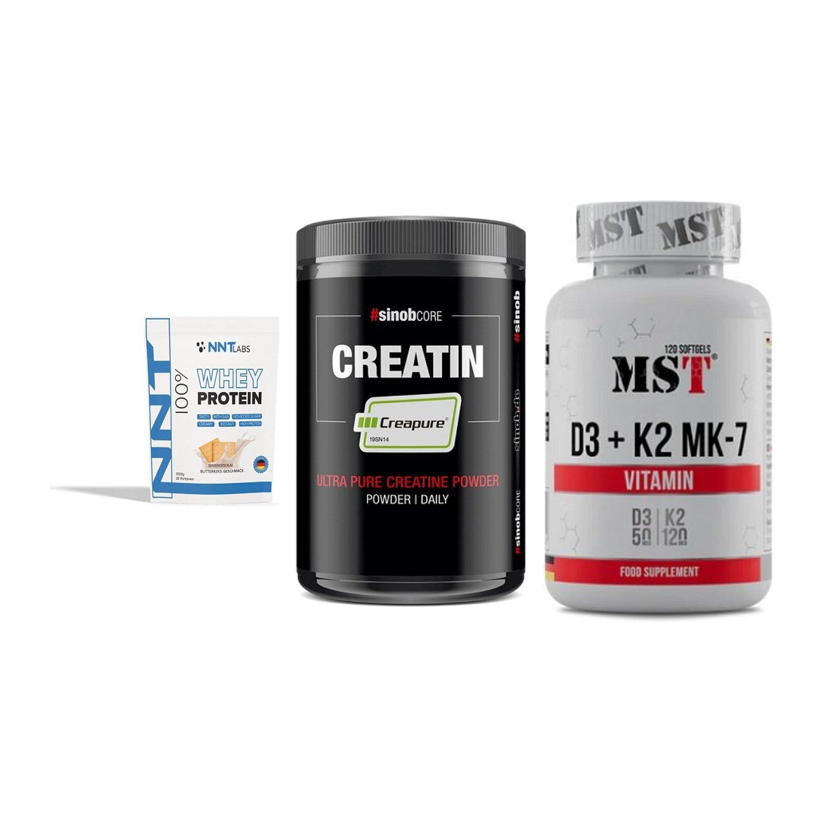 Einsteiger-Set: NNT Whey + Sinob Creatin + MST Vitamin D3 – alle enthaltenen Artikel