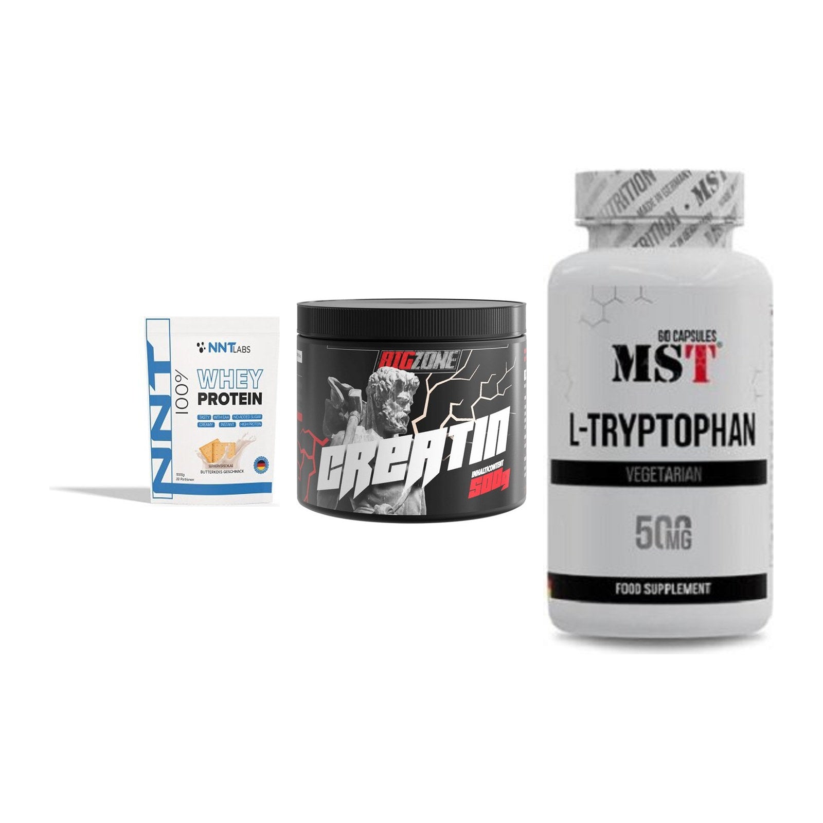 Einsteiger-Set: NNT Whey + Big Zone Creatin + MST Tryptophan 500mg – alle enthaltenen Artikel