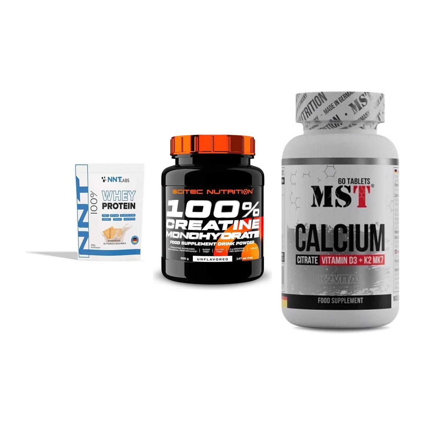 Einsteiger-Set: NNT Whey + Scitec Creatine + MST Calcium – alle enthaltenen Artikel