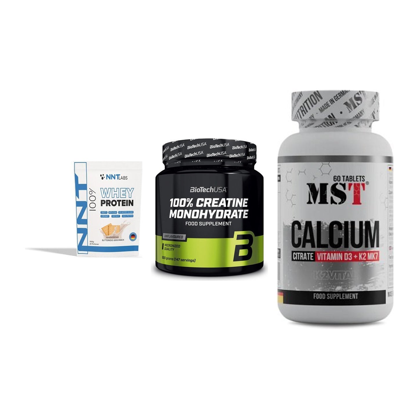 Einsteiger-Set: NNT Whey + BioTech Creatine + MST Calcium – alle enthaltenen Artikel
