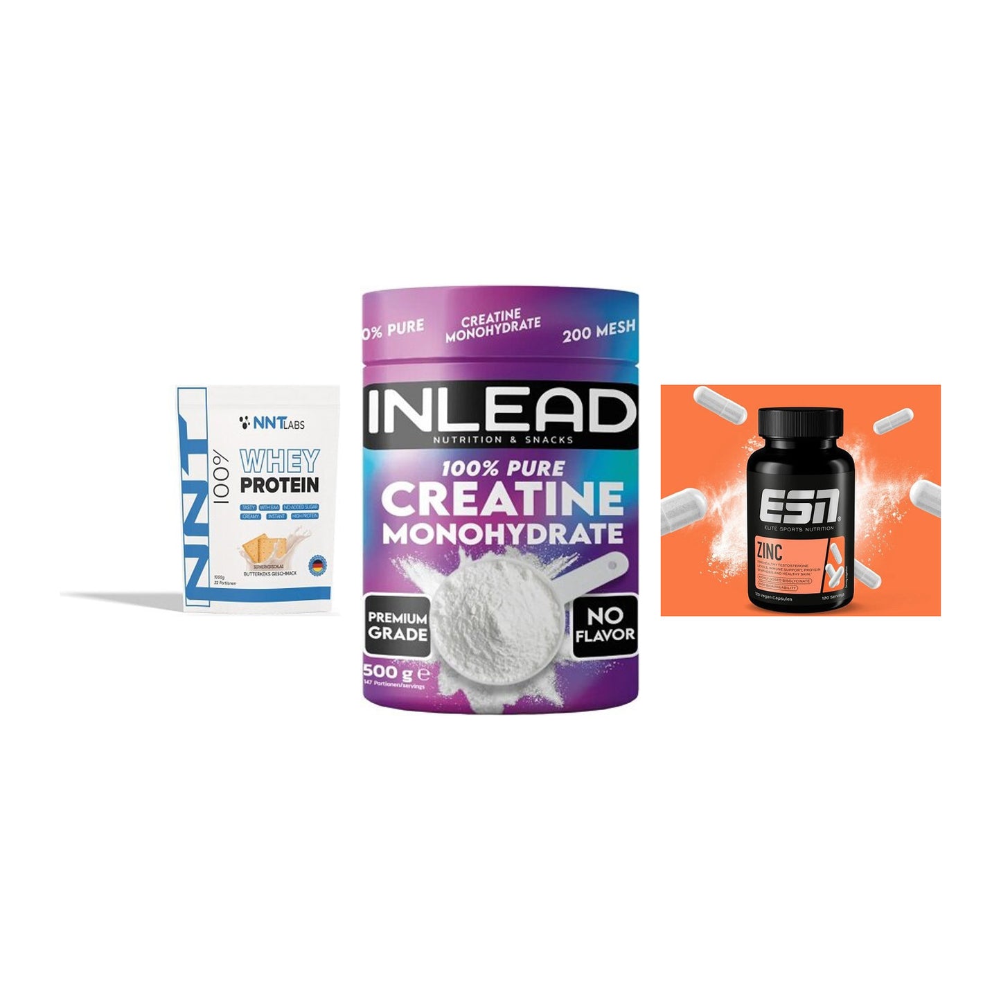 Einsteiger-Set: NNT Whey + INLEAD Creatine Monohydrate + ESN Zinc – alle enthaltenen Artikel