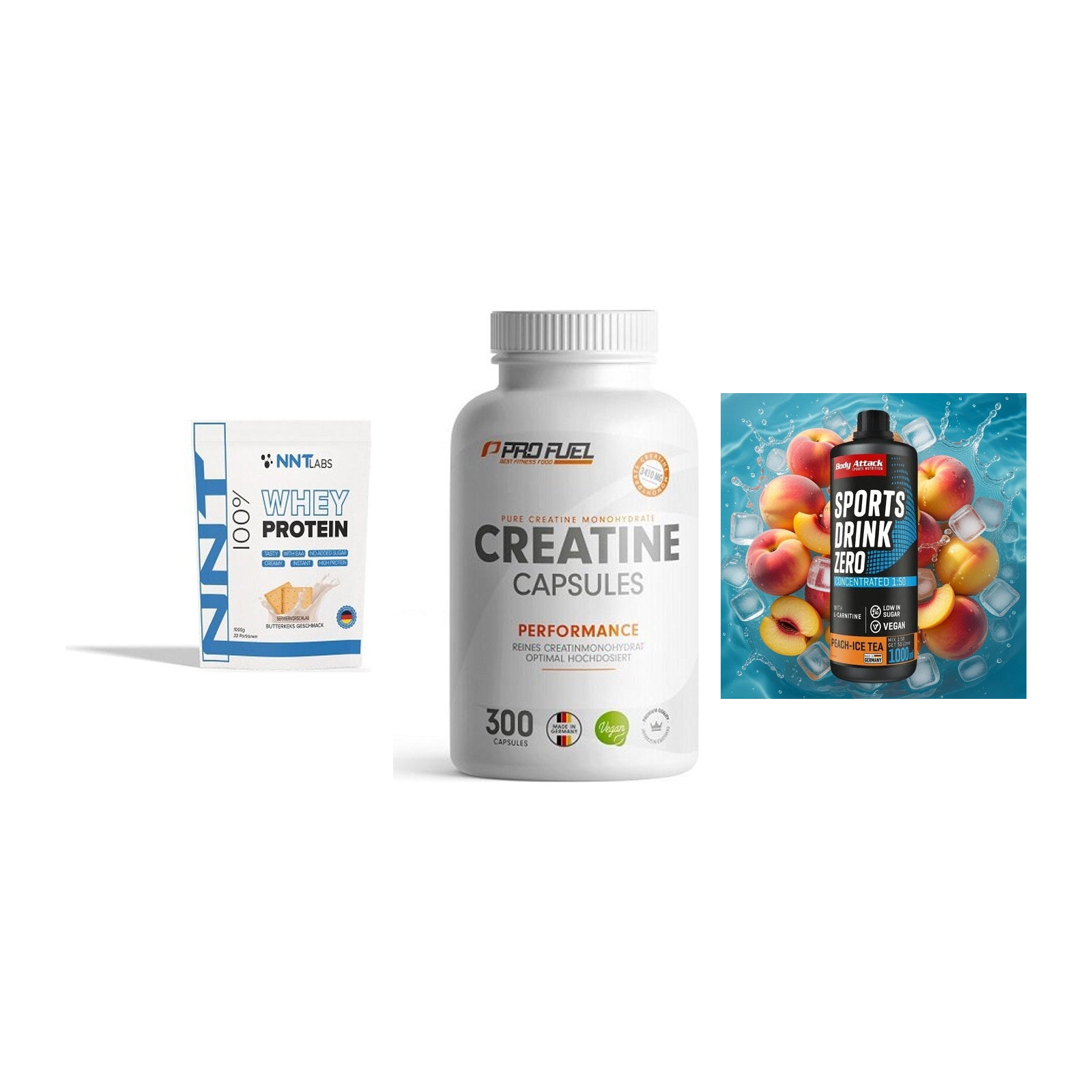 Einsteiger-Set: NNT Whey + ProFuel Creatine + Body Attack – alle enthaltenen Artikel