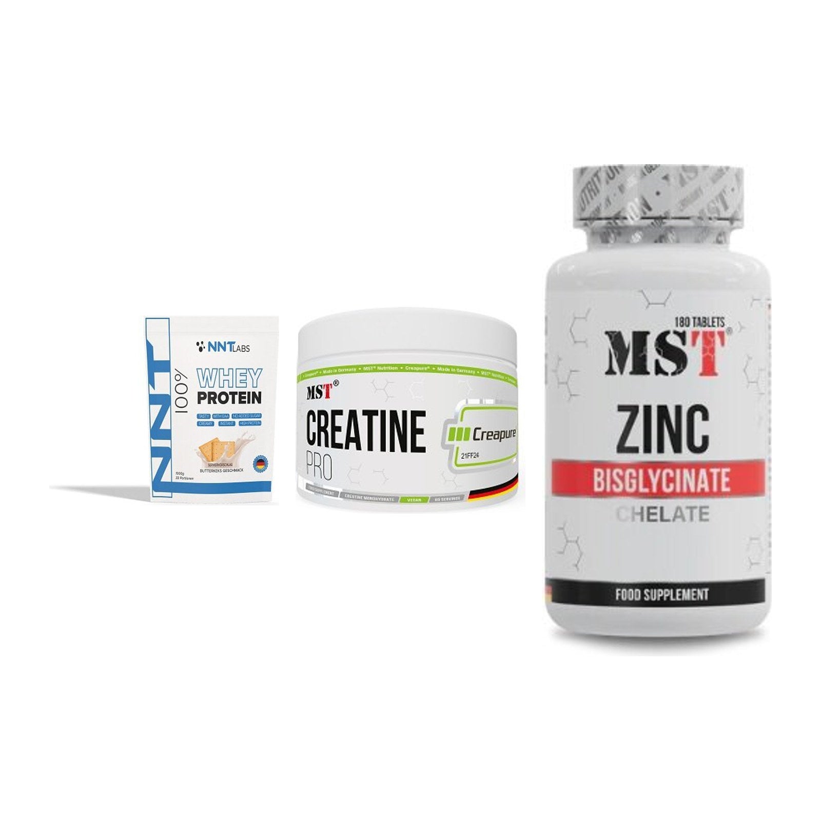 Einsteiger-Set: NNT Whey + MST Creatin Pro + MST Zinc Chelate – alle enthaltenen Artikel
