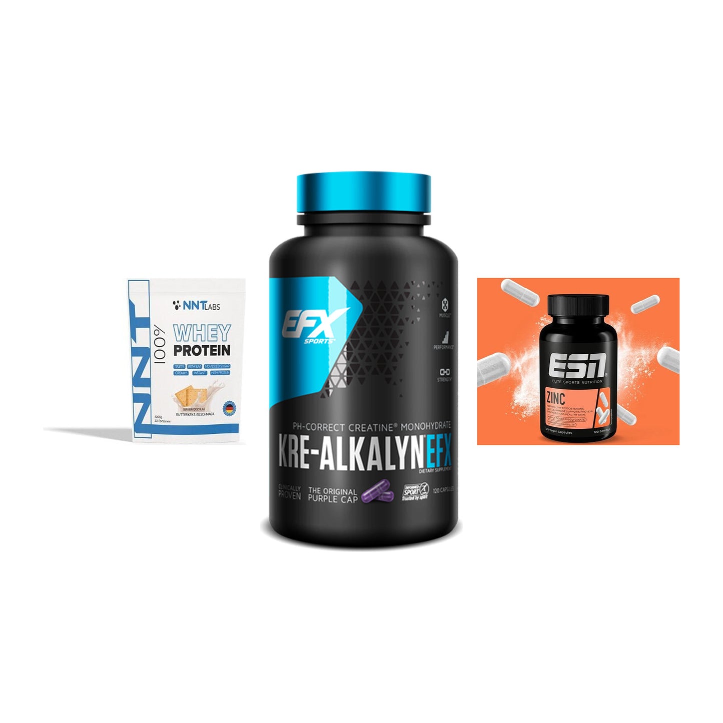 Einsteiger-Set: NNT Whey + EFX Kre-Alkalyn + ESN Zinc – alle enthaltenen Artikel