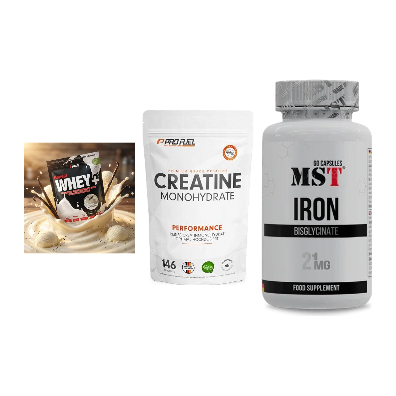 Einsteiger-Set: Sinob Honest + ProFuel Creatine + MST Iron Bisglyc – alle enthaltenen Artikel