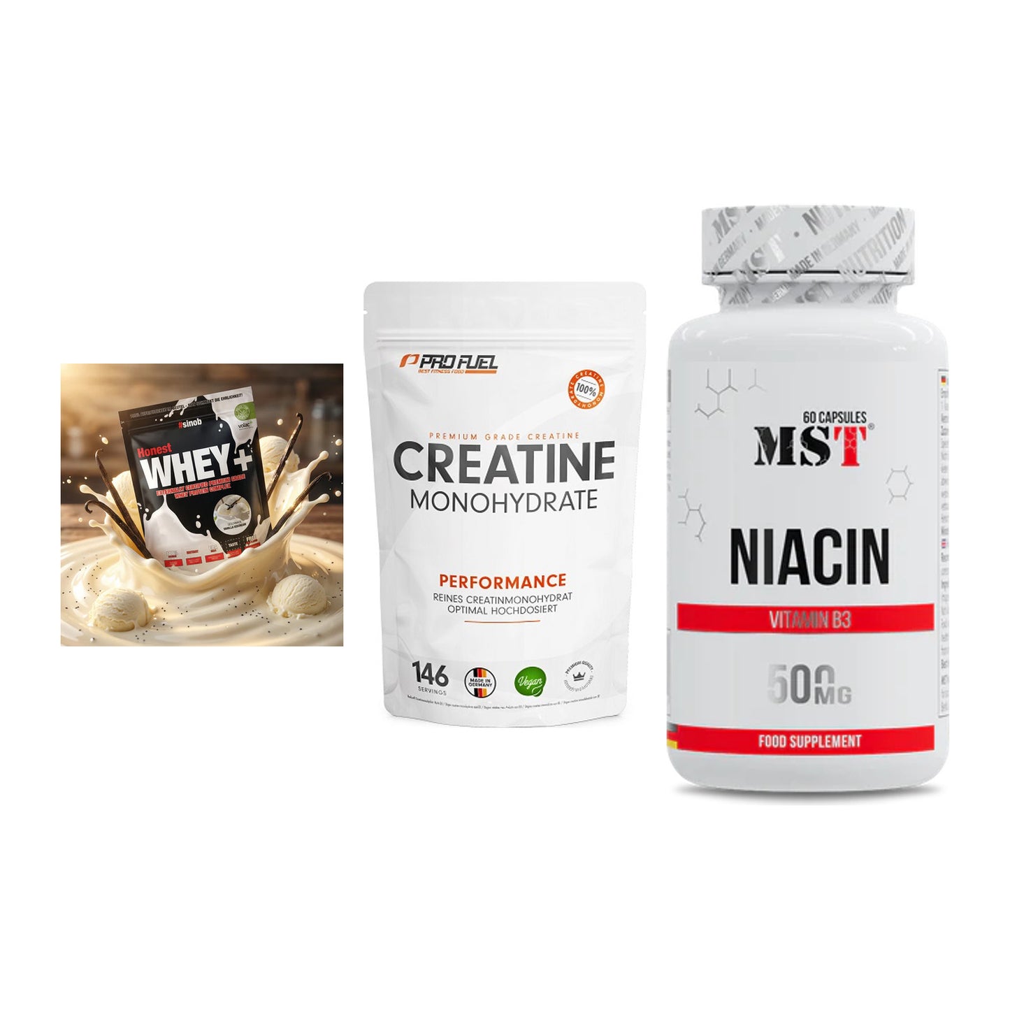 Einsteiger-Set: Sinob Honest + ProFuel Creatine + MST Niacin – alle enthaltenen Artikel