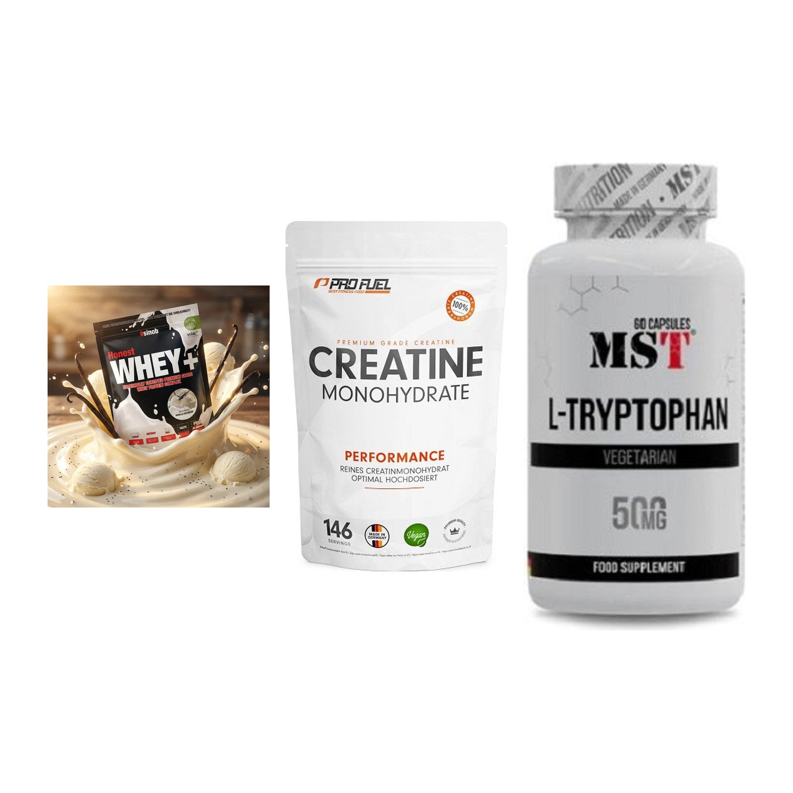 Einsteiger-Set: Sinob Honest + ProFuel Creatine + MST Tryptophan – alle enthaltenen Artikel