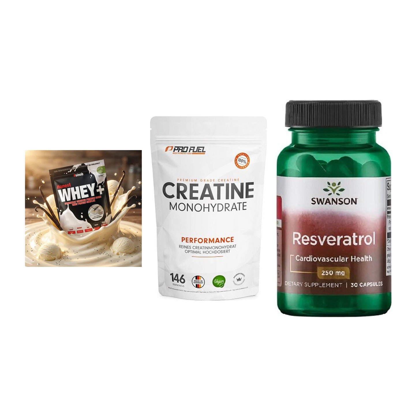 Einsteiger-Set: Sinob Honest + ProFuel Creatine + Swanson Resverat – alle enthaltenen Artikel
