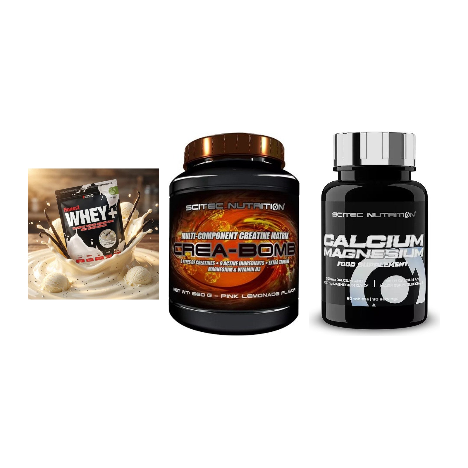 Einsteiger-Set: Sinob Honest + Scitec Crea-Bomb + Scitec Calcium – alle enthaltenen Artikel